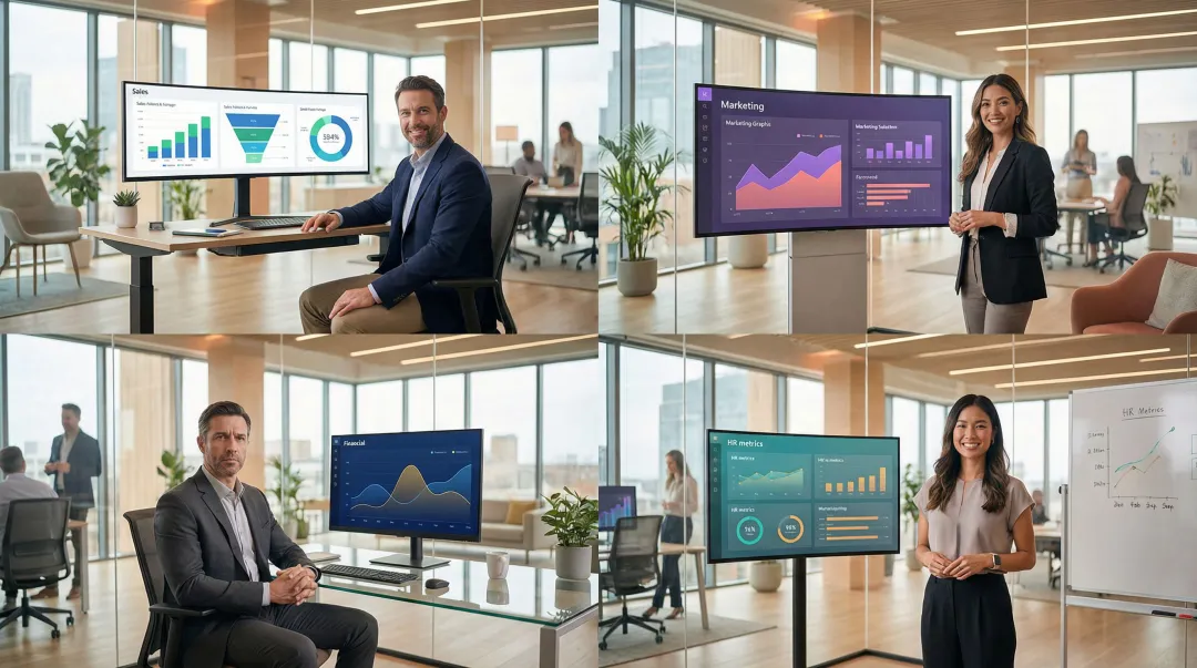 Business professionals across departments viewing live dashboard data on screens