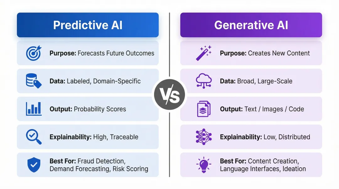 Predictive AI versus generative AI side-by-side comparison of purpose data and use cases