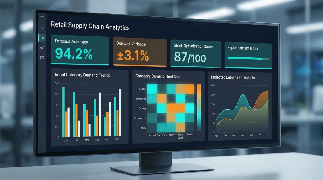 AI-powered retail supply chain demand forecasting dashboard displaying inventory optimization metrics