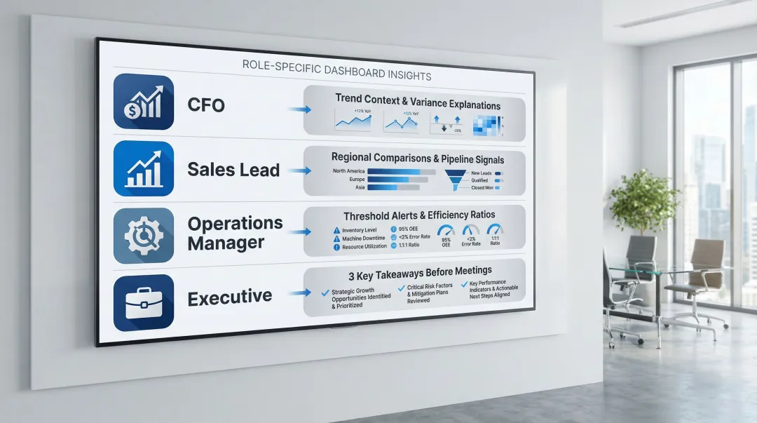 Four stakeholder types and their unique dashboard data needs infographic