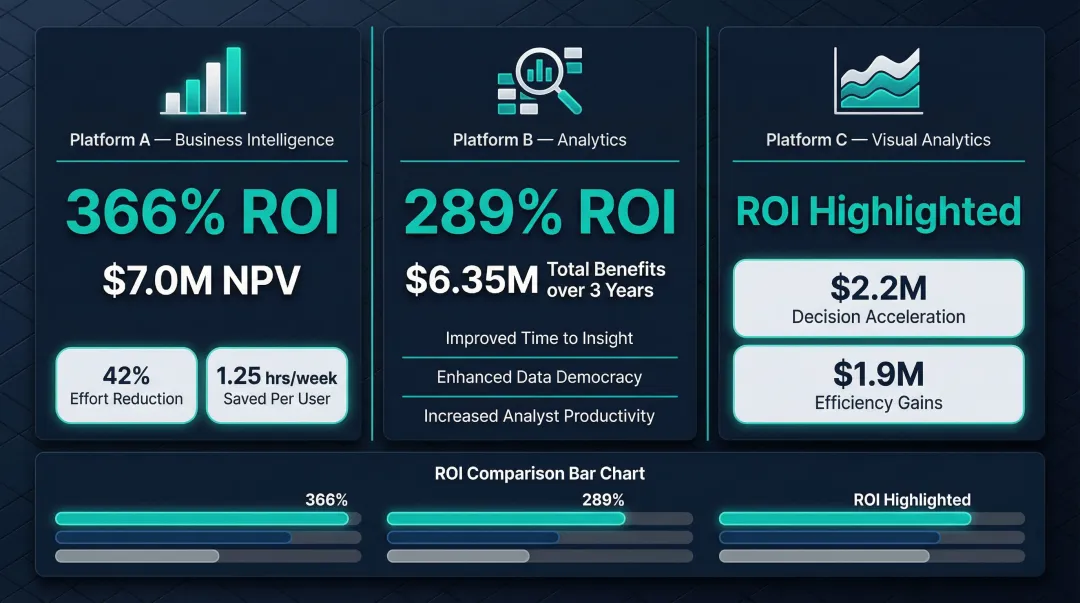 BI platform ROI comparison showing Power BI ThoughtSpot and Tableau business value metrics