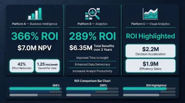 BI platform ROI comparison showing Power BI ThoughtSpot and Tableau business value metrics