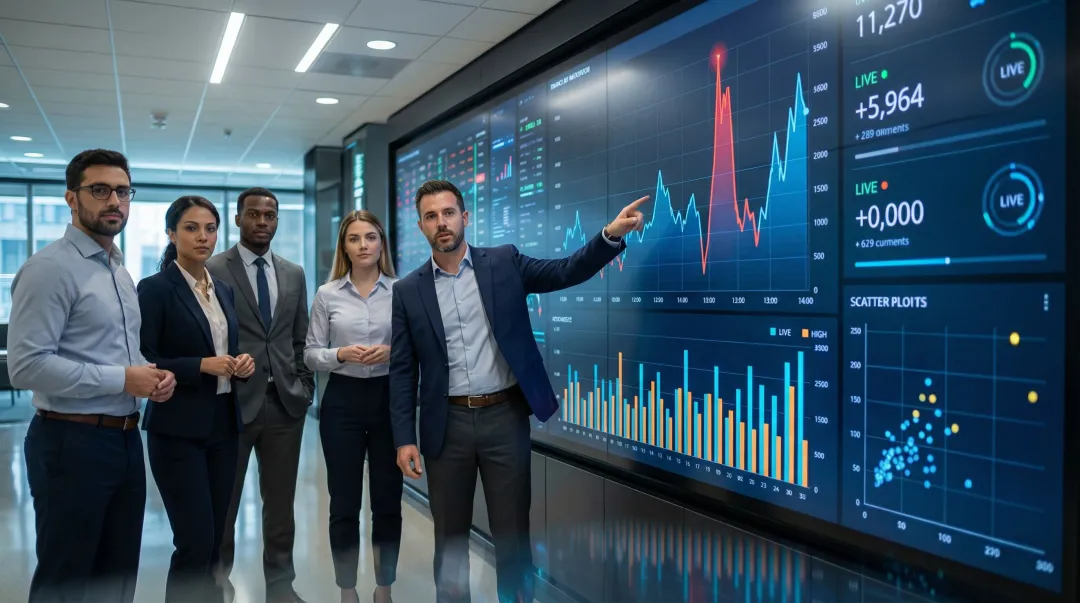 Financial operations team reviewing AI-generated anomaly alerts on analytics dashboard screens