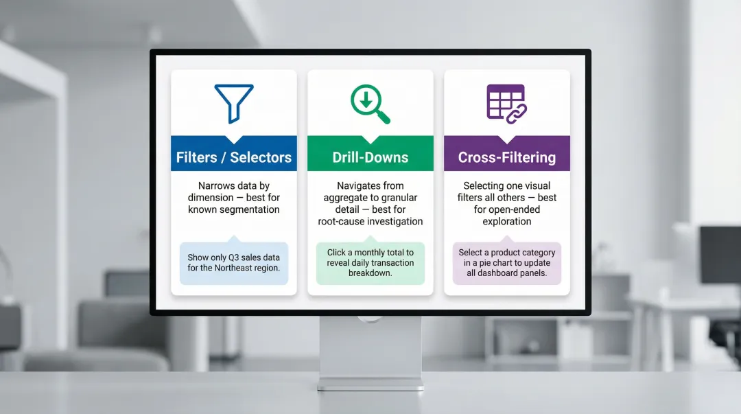 Three dashboard interactivity mechanisms filters drill-downs and cross-filtering explained