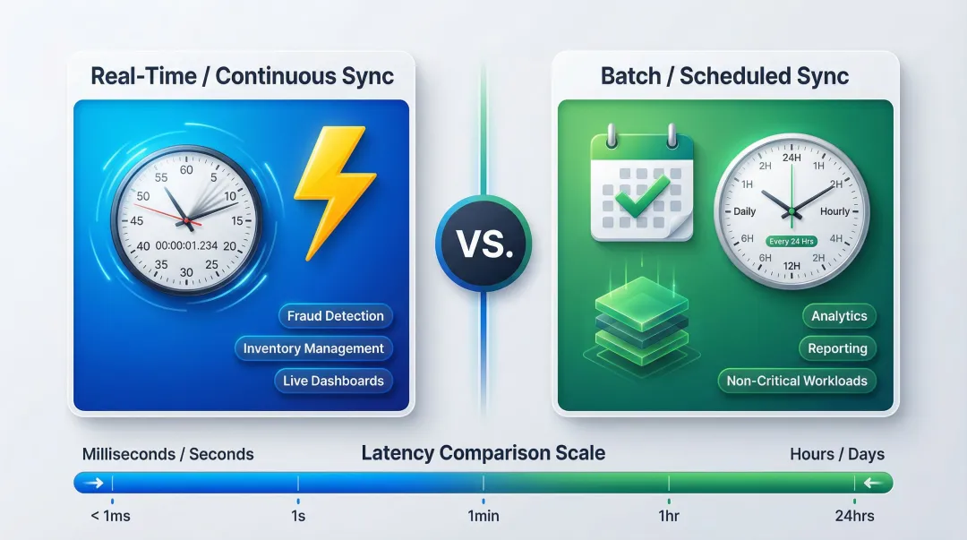 Real-time versus batch data synchronization modes comparison infographic
