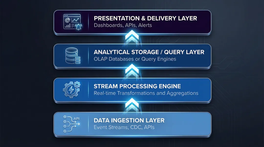 Four-layer real-time analytics stack architecture diagram from ingestion to delivery