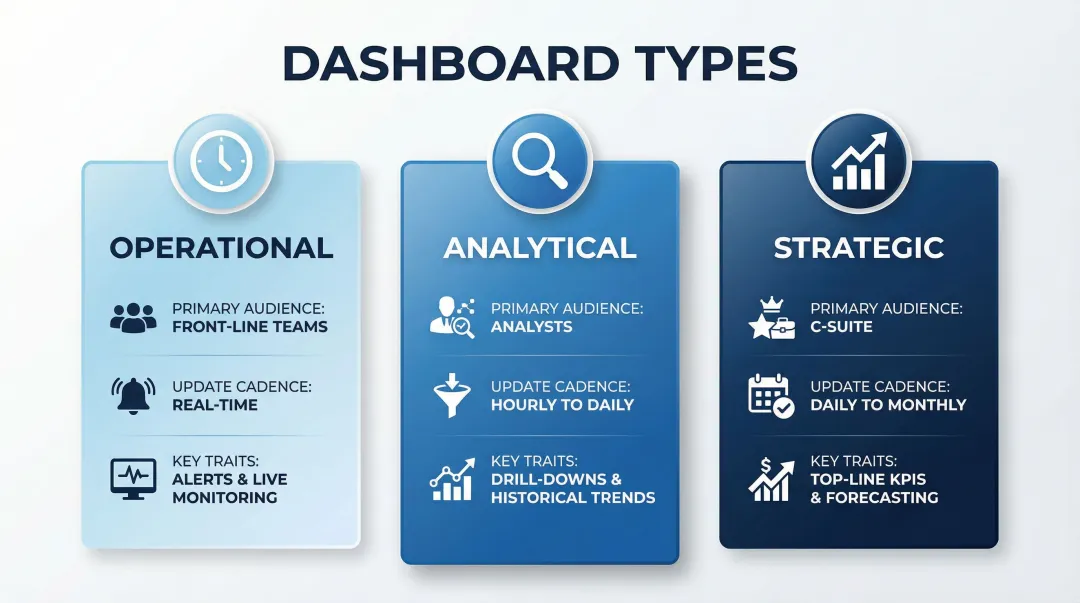 Three web dashboard types comparison operational analytical and strategic overview