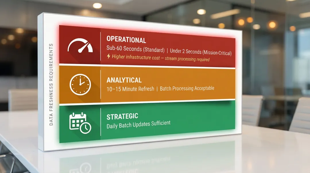 Data freshness latency requirements by dashboard type tiered breakdown infographic