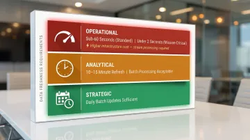Data freshness latency requirements by dashboard type tiered breakdown infographic