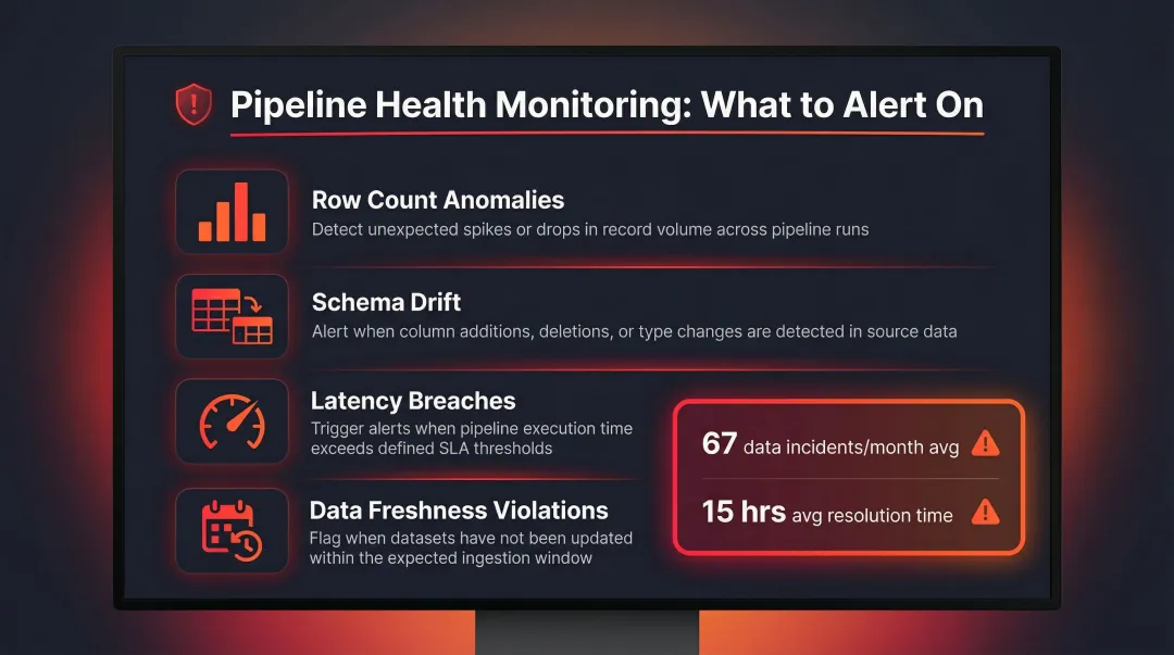 Data pipeline health monitoring four alert categories checklist infographic