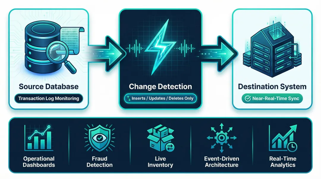 Change Data Capture CDC real-time data flow process diagram with use cases