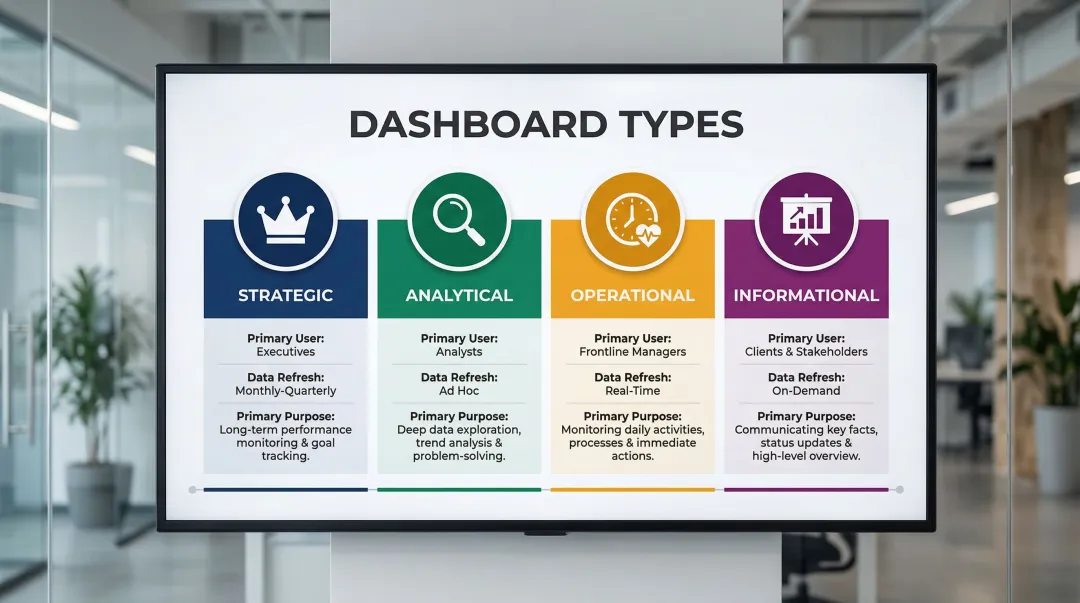 Four types of data dashboards comparison chart by user purpose and refresh rate