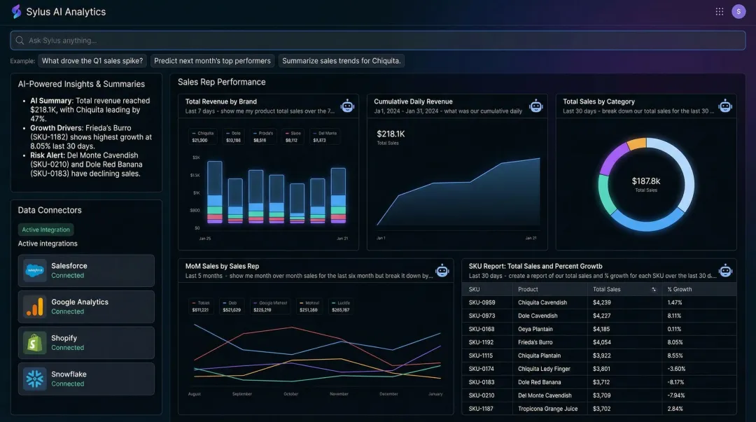 Sylus AI analytics platform dashboard showing natural language query interface and automated reports