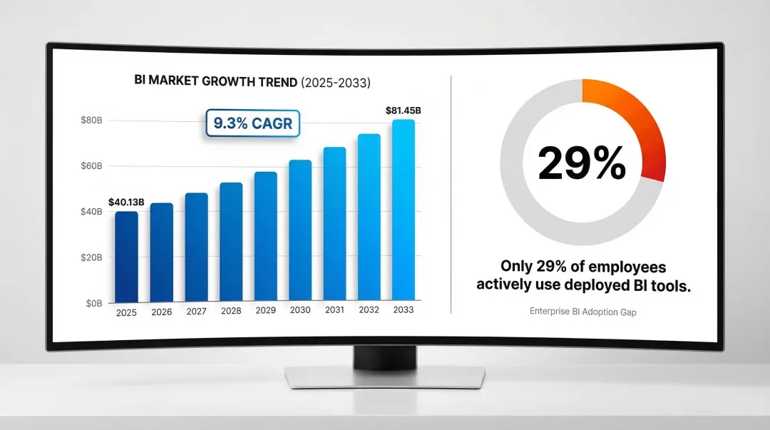 BI software market growth from 40 billion to 81 billion by 2033 with adoption gap statistics
