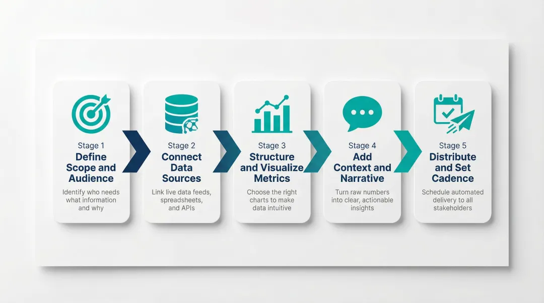 Five-step periodic report creation process from scope definition to distribution cadence