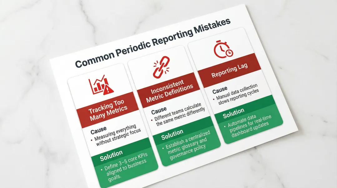 Three common periodic reporting mistakes with causes and solutions comparison chart