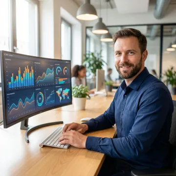 Data analyst reviewing AI-generated business intelligence insights on a dashboard interface