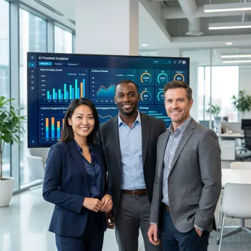 Team collaborating on AI-generated analytics dashboard in a modern office setting