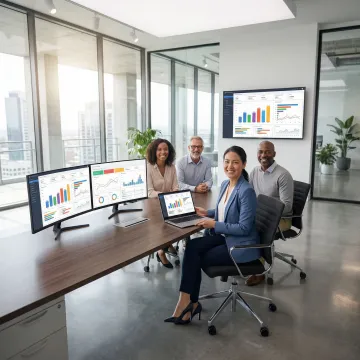 Enterprise team collaborating on shared Sylus analytics dashboards across multiple screens