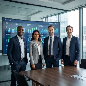 Team collaborating on an AI-powered analytics dashboard in a modern office