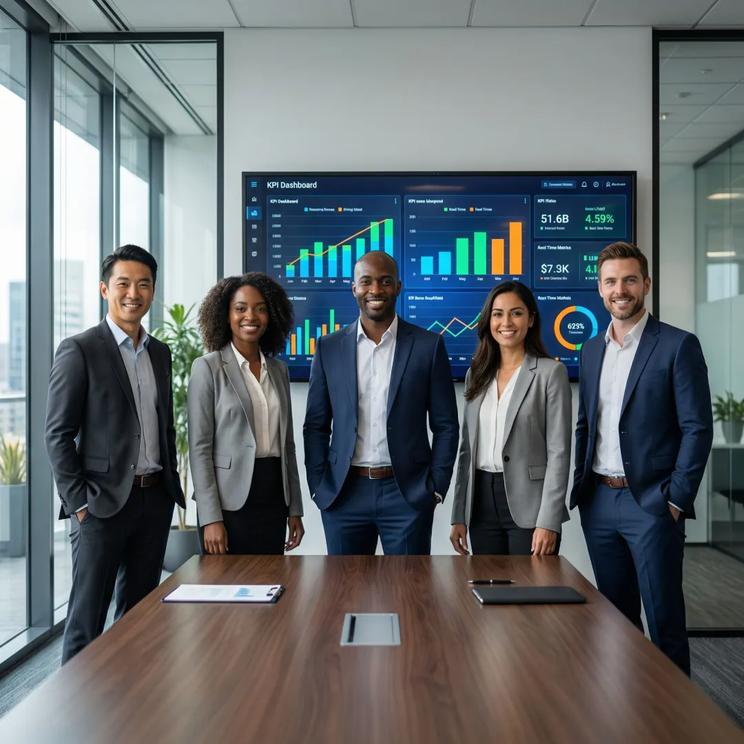 Team collaborating on an AI-generated business dashboard with real-time data charts