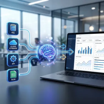 Step-by-step data analytics workflow showing data connection, AI querying, and dashboard output