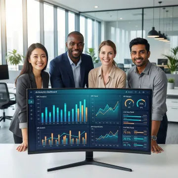 Team collaborating on an AI analytics platform with shared dashboards and data insights