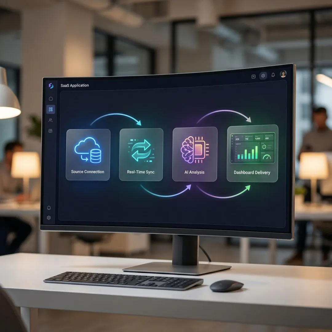 Step-by-step cloud data integration process showing data source connection to dashboard output