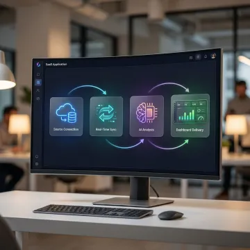 Step-by-step cloud data integration process showing data source connection to dashboard output