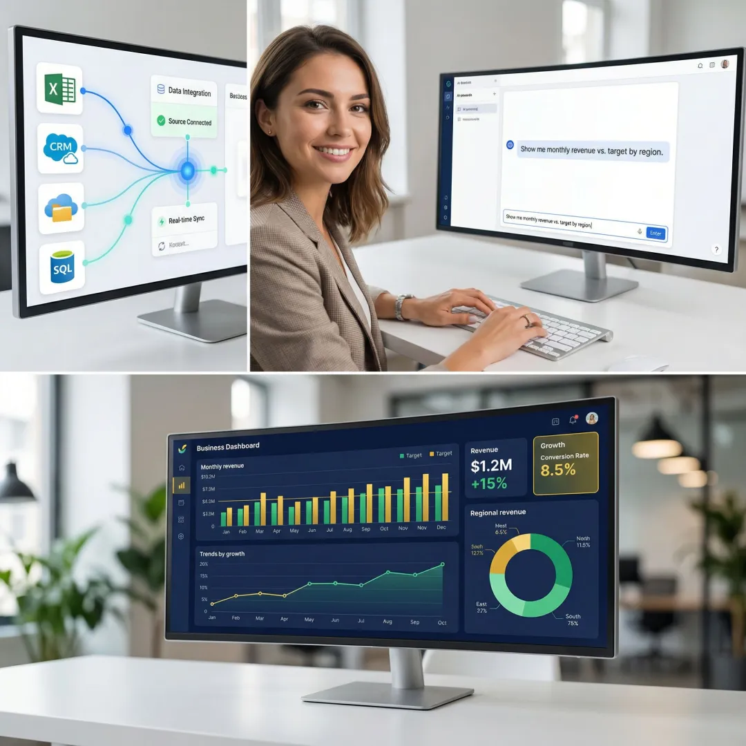 Step-by-step AI dashboard building process showing data connection, query input, and generated visualizations
