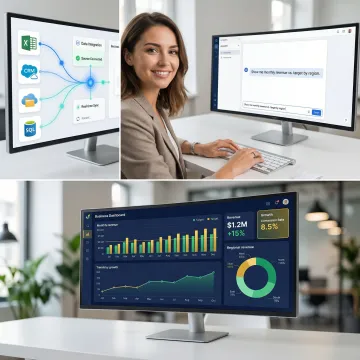 Step-by-step AI dashboard building process showing data connection, query input, and generated visualizations
