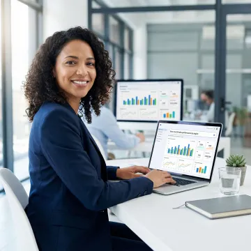 Business analyst using an AI chat interface to generate a data dashboard on a laptop