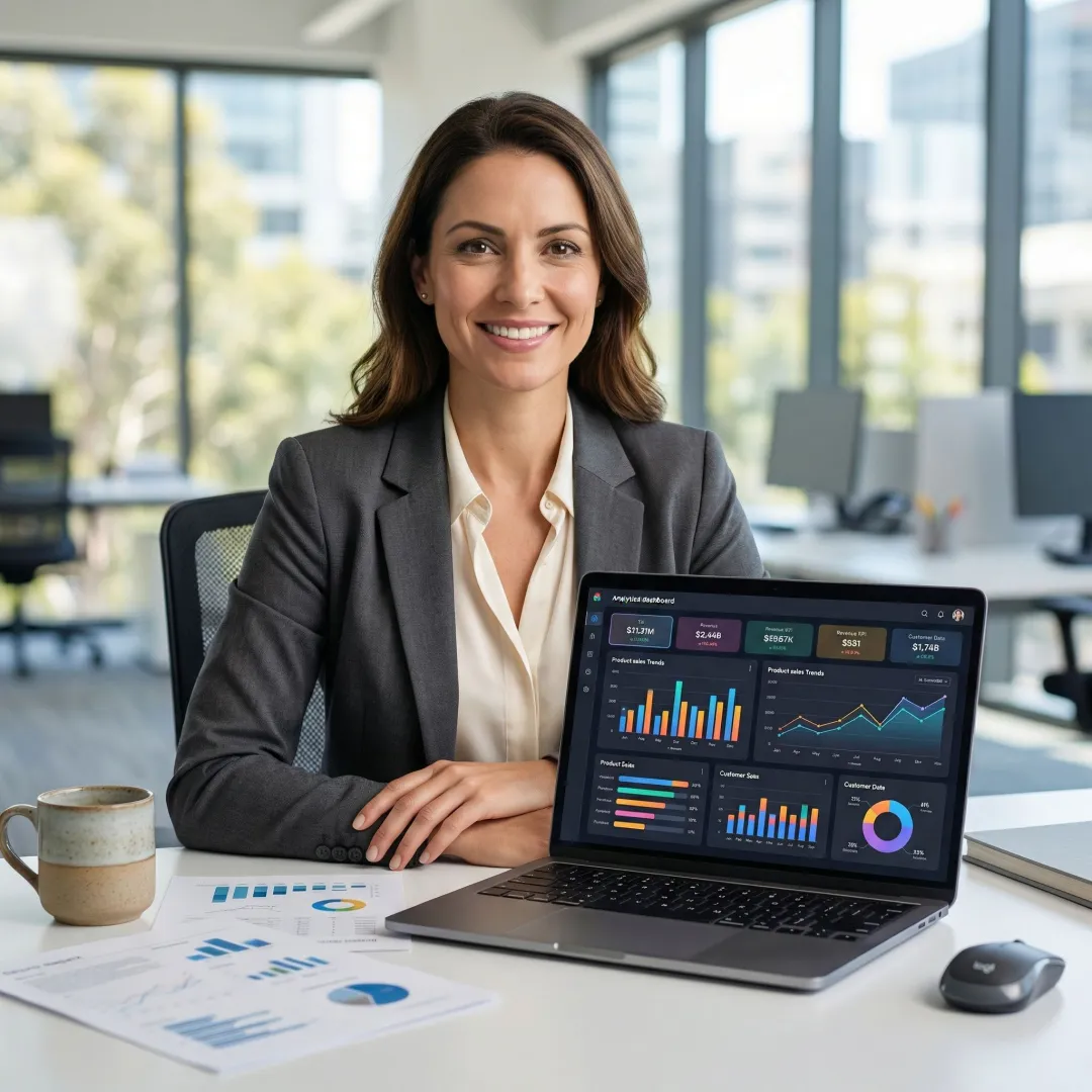 Retail analyst reviewing AI-generated sales dashboard on a laptop