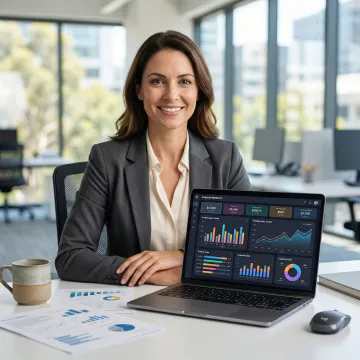 Retail analyst reviewing AI-generated sales dashboard on a laptop