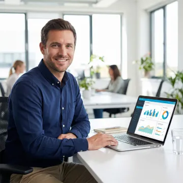 Business user interacting with an AI analytics platform to generate a data visualization dashboard