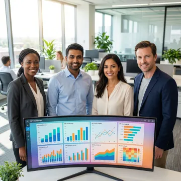 Business team reviewing AI-generated data visualizations and KPI dashboards on a large monitor
