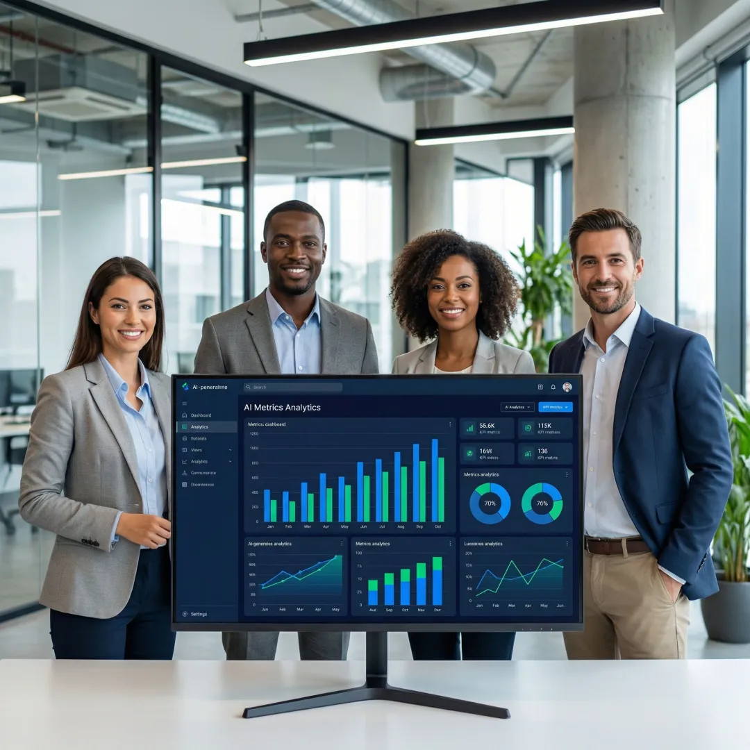 Enterprise data team collaborating on AI-generated analytics dashboard