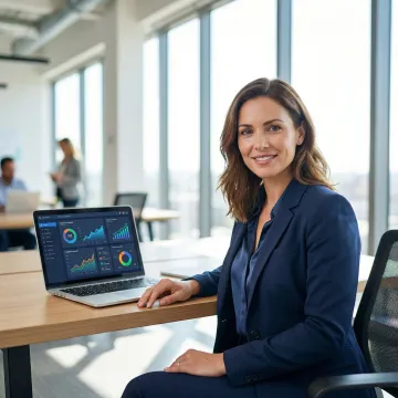 Business analyst reviewing AI-generated predictive analytics forecast on a laptop dashboard