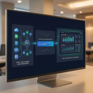 Step-by-step AI data analysis workflow showing data connection, query input, and dashboard output