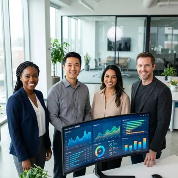 Business team collaborating on AI-powered analytics dashboards in a modern office setting