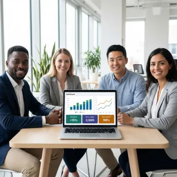 Business team reviewing AI-generated custom reports on a laptop screen