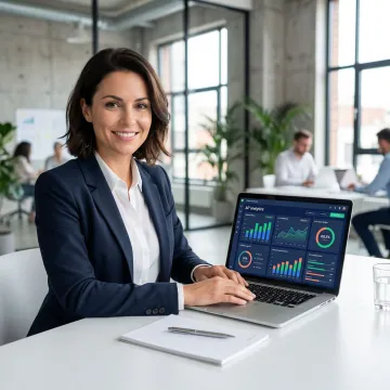 Business analyst reviewing AI-generated KPI dashboard on laptop screen