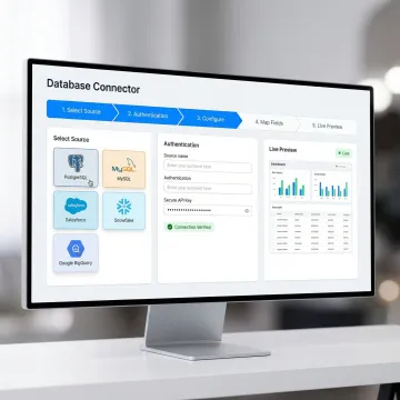 Step-by-step database integration setup process displayed on a laptop screen