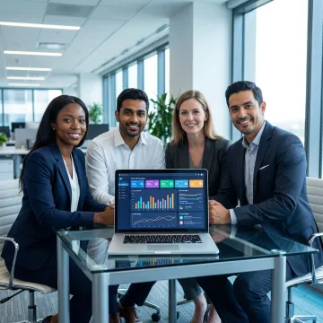 Business team reviewing AI-generated data insights and dashboards on a laptop screen