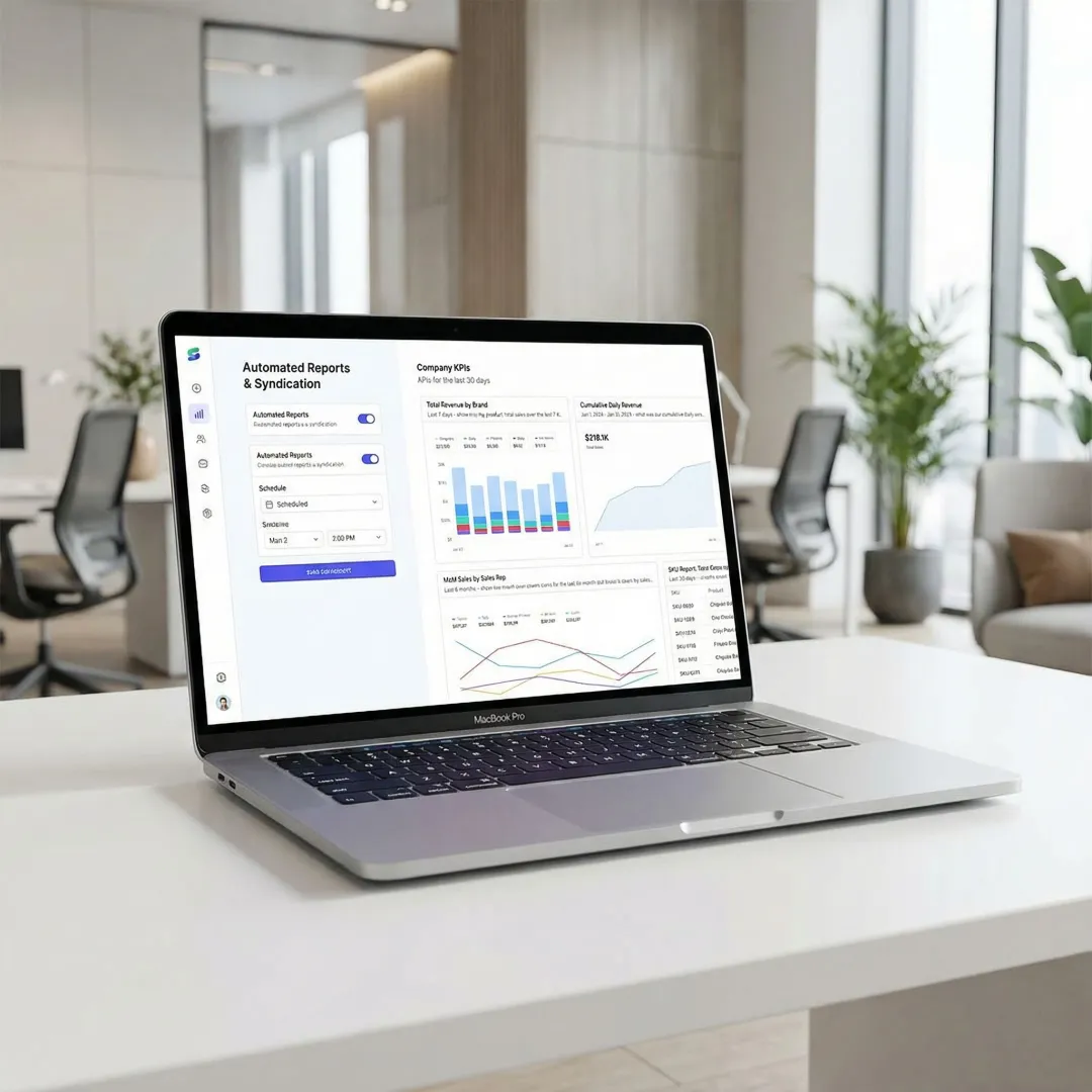 Sylus report distribution and syndication software dashboard on a modern laptop screen