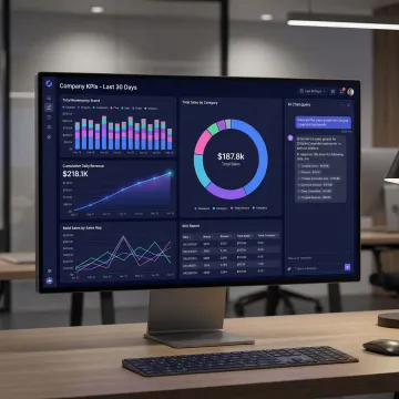 AI-powered business management software dashboard displaying real-time KPIs and analytics
