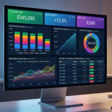 AI-powered data visualization dashboard with interactive charts and business KPIs