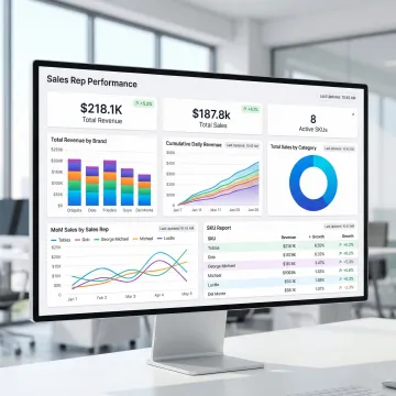 AI-powered data analytics dashboard displaying KPIs, charts, and business metrics