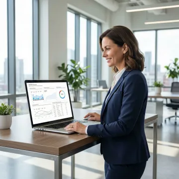Business analyst reviewing AI-generated data dashboard on laptop with charts and KPIs