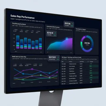 AI-powered interactive data visualization dashboard with colorful charts and real-time metrics